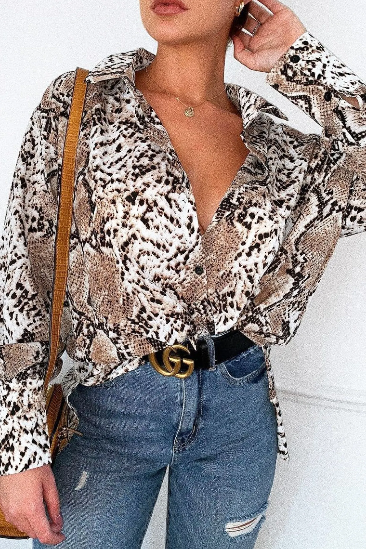 Rebellious Fashion Beige Snake Print Shirt Dress - Haigen