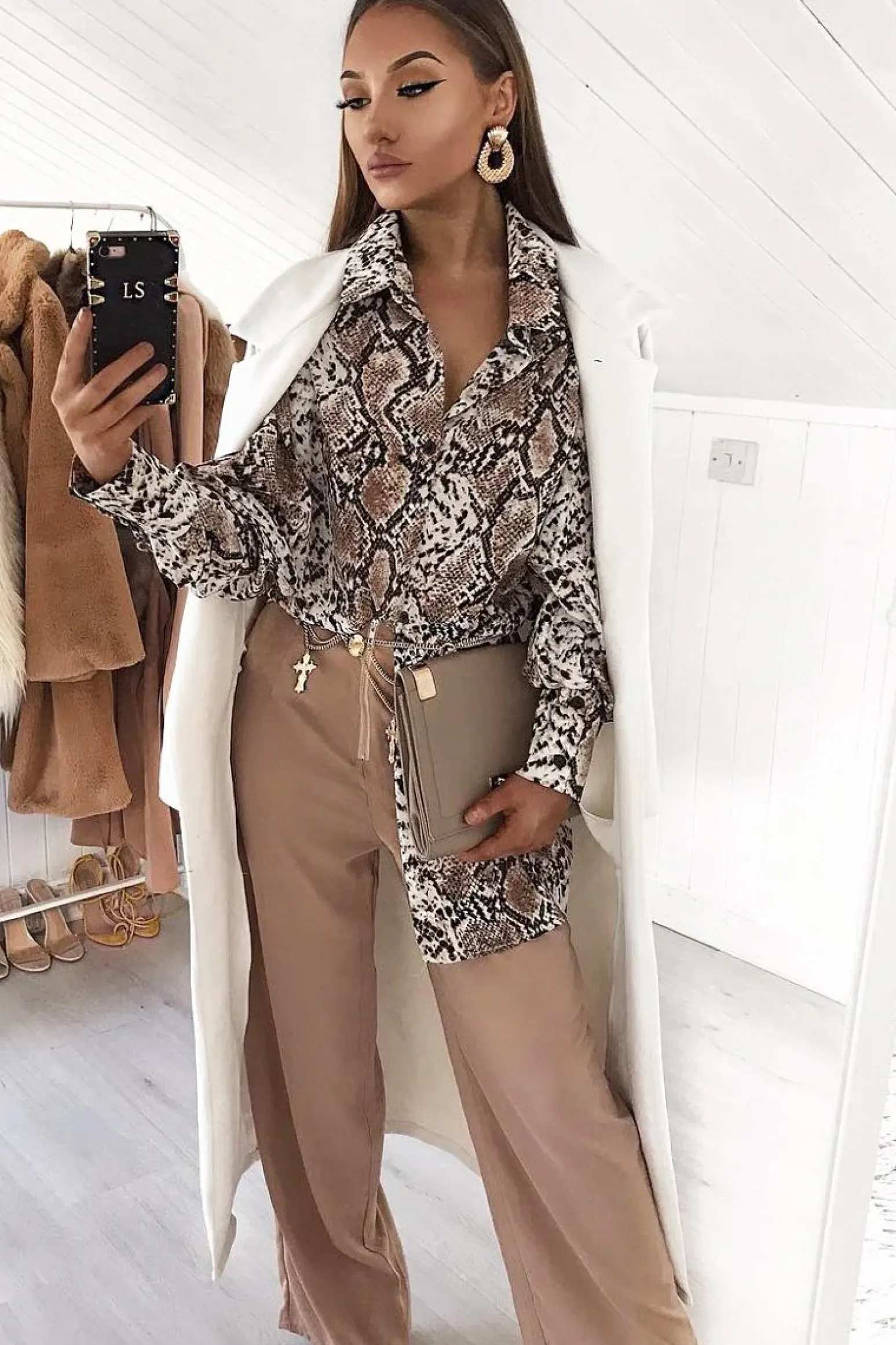 Rebellious Fashion Beige Snake Print Shirt Dress - Haigen