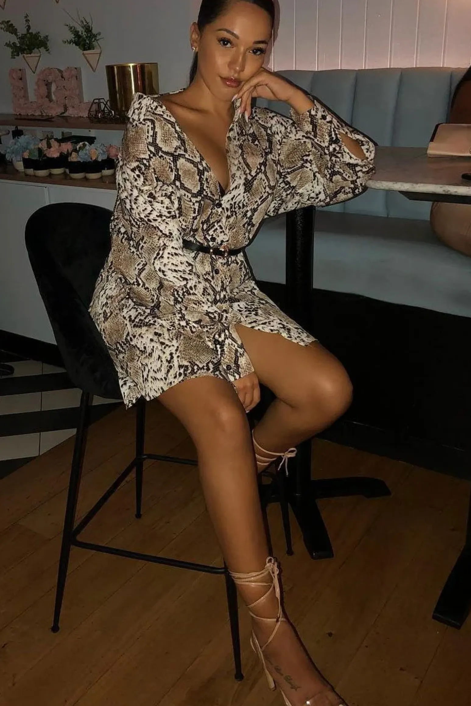 Rebellious Fashion Beige Snake Print Shirt Dress - Haigen