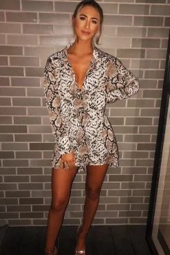 Rebellious Fashion Beige Snake Print Shirt Dress - Haigen
