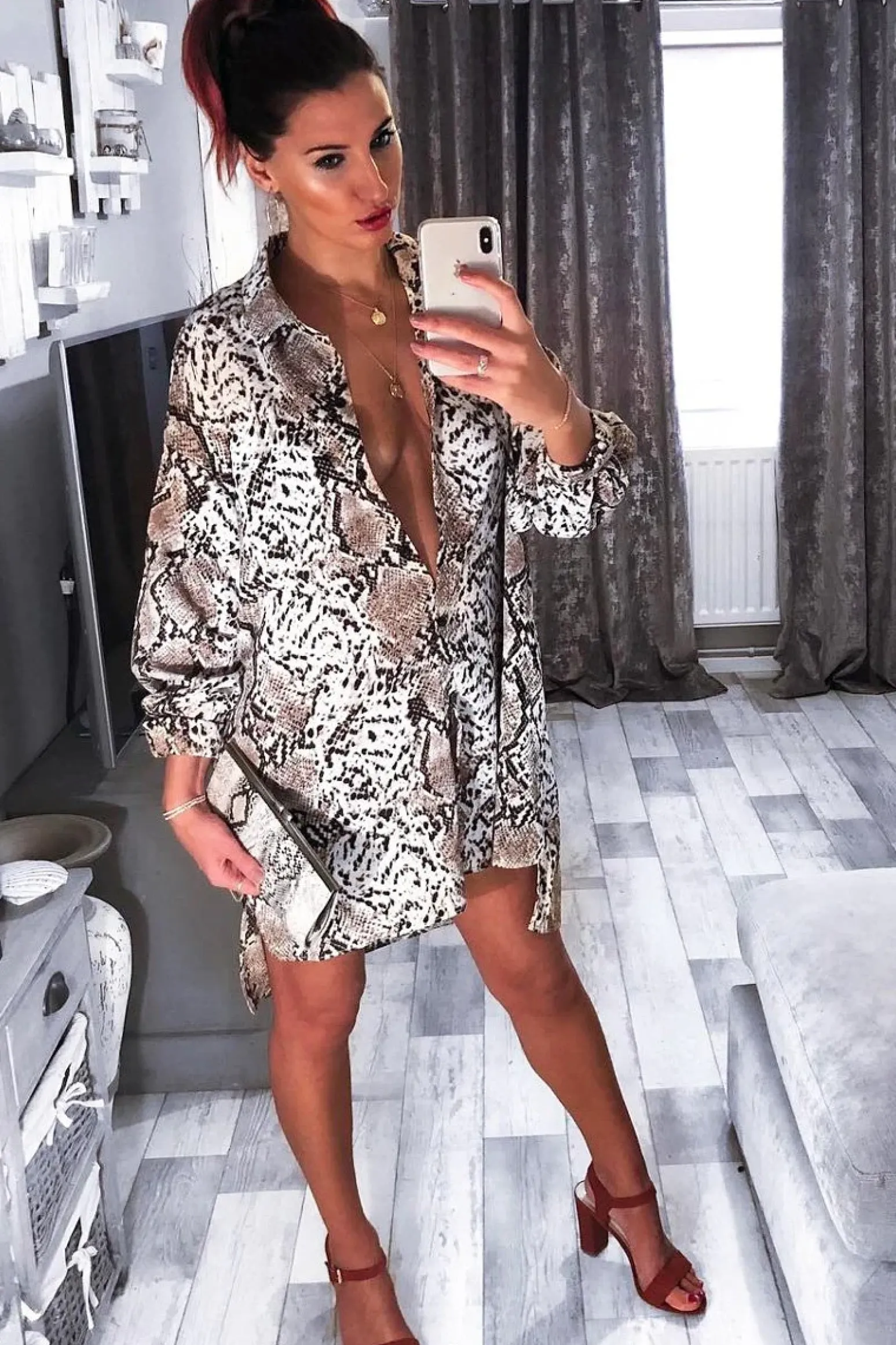 Rebellious Fashion Beige Snake Print Shirt Dress - Haigen
