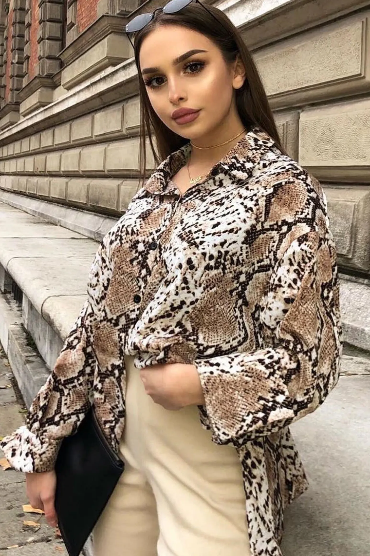 Rebellious Fashion Beige Snake Print Shirt Dress - Haigen