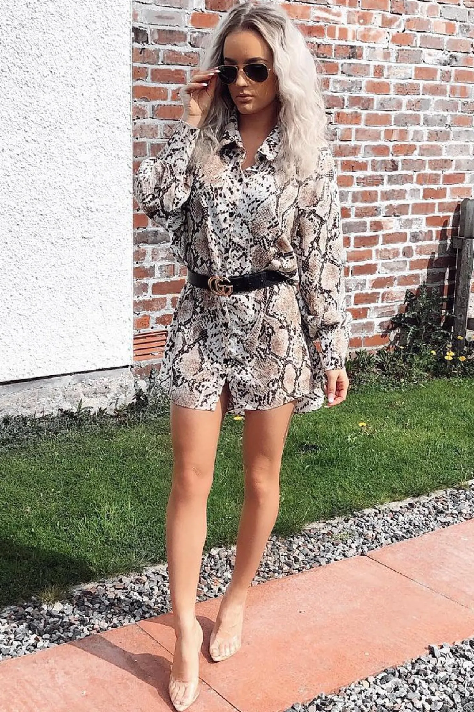 Rebellious Fashion Beige Snake Print Shirt Dress - Haigen