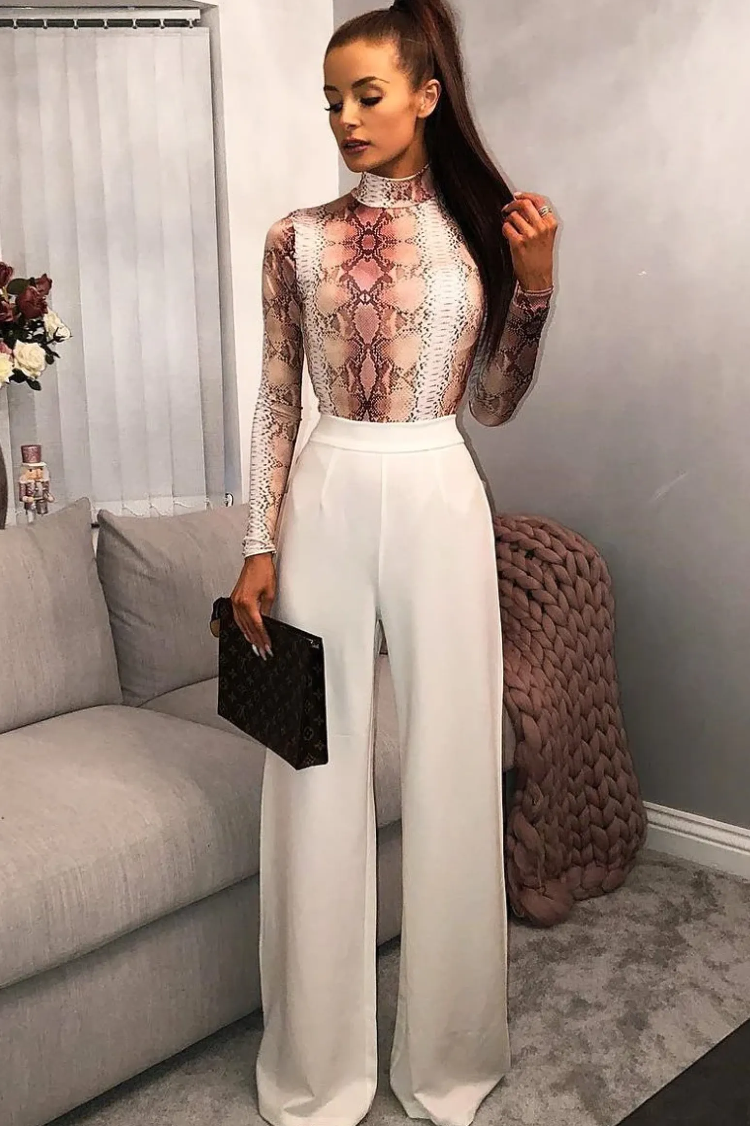 Rebellious Fashion Beige Snake Print Slinky High Neck Bodysuit - Abira