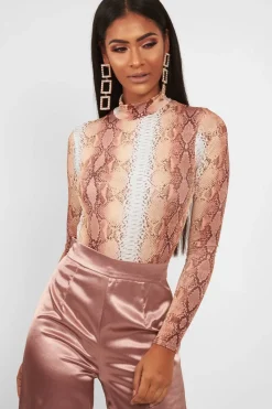 Rebellious Fashion Beige Snake Print Slinky High Neck Bodysuit - Abira