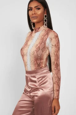 Rebellious Fashion Beige Snake Print Slinky High Neck Bodysuit - Abira
