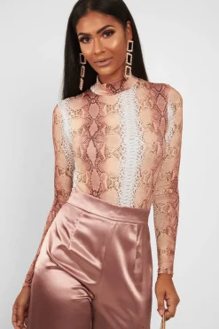 Rebellious Fashion Beige Snake Print Slinky High Neck Bodysuit - Abira