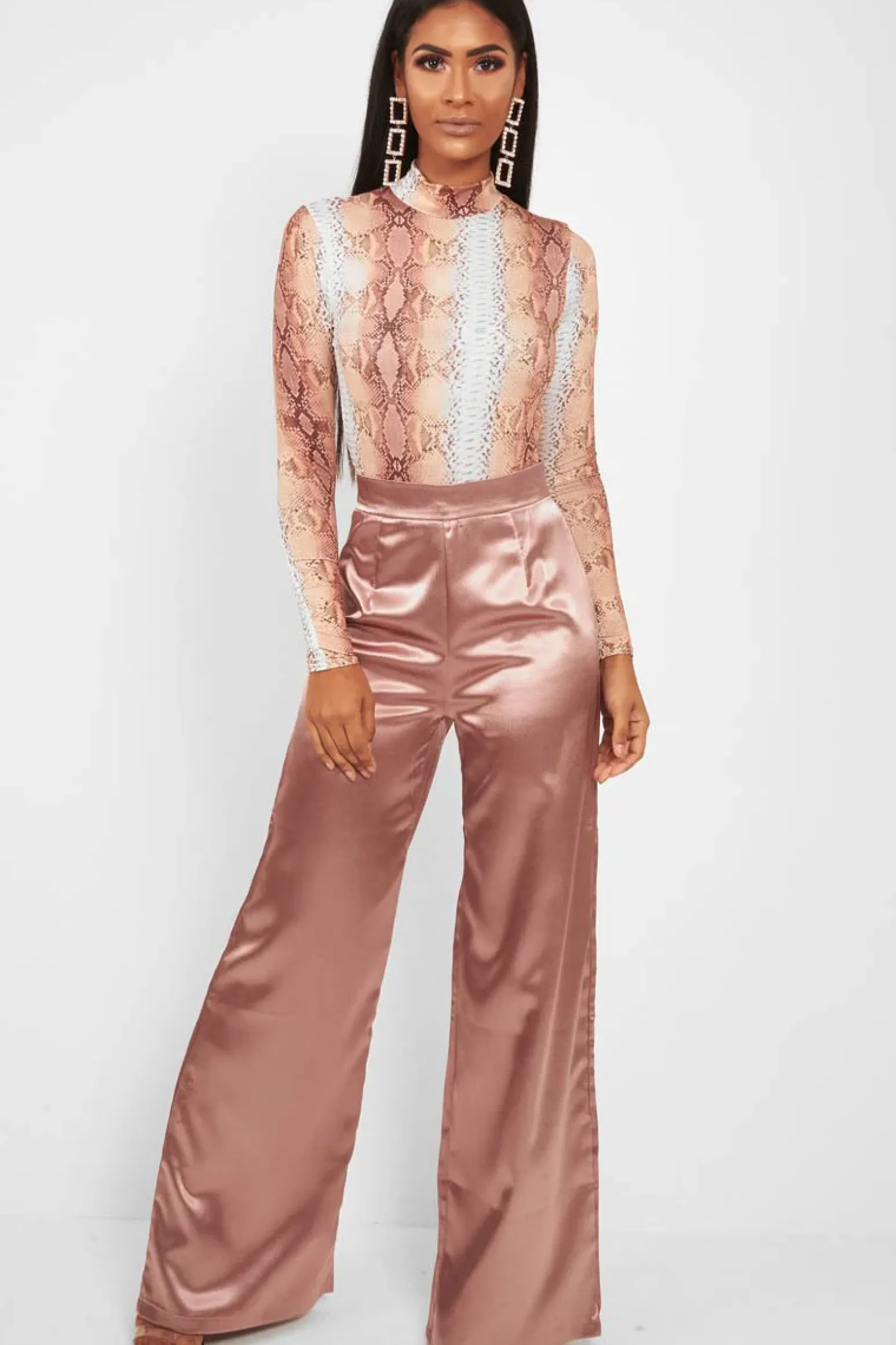 Rebellious Fashion Beige Snake Print Slinky High Neck Bodysuit - Abira