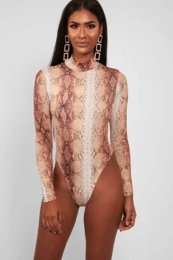 Rebellious Fashion Beige Snake Print Slinky High Neck Bodysuit - Abira