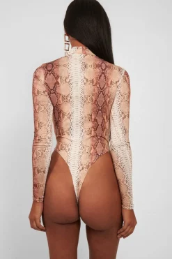 Rebellious Fashion Beige Snake Print Slinky High Neck Bodysuit - Abira
