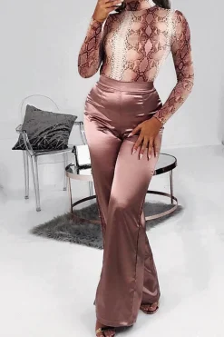 Rebellious Fashion Beige Snake Print Slinky High Neck Bodysuit - Abira