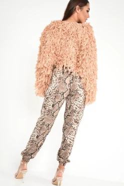 Rebellious Fashion Beige Snake Print Tie Waist Cuffed Trousers - Annica