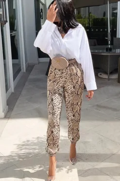 Rebellious Fashion Beige Snake Print Tie Waist Cuffed Trousers - Annica