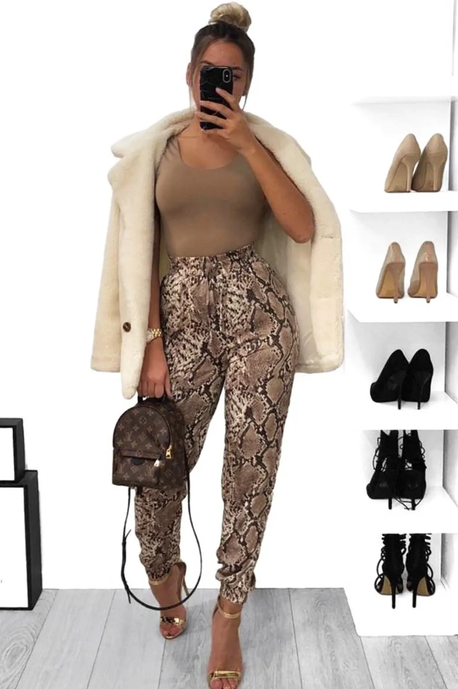 Rebellious Fashion Beige Snake Print Tie Waist Cuffed Trousers - Annica