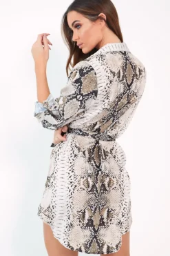 Rebellious Fashion Beige Snake Print Tie Waist Shirt Dress - Yalina
