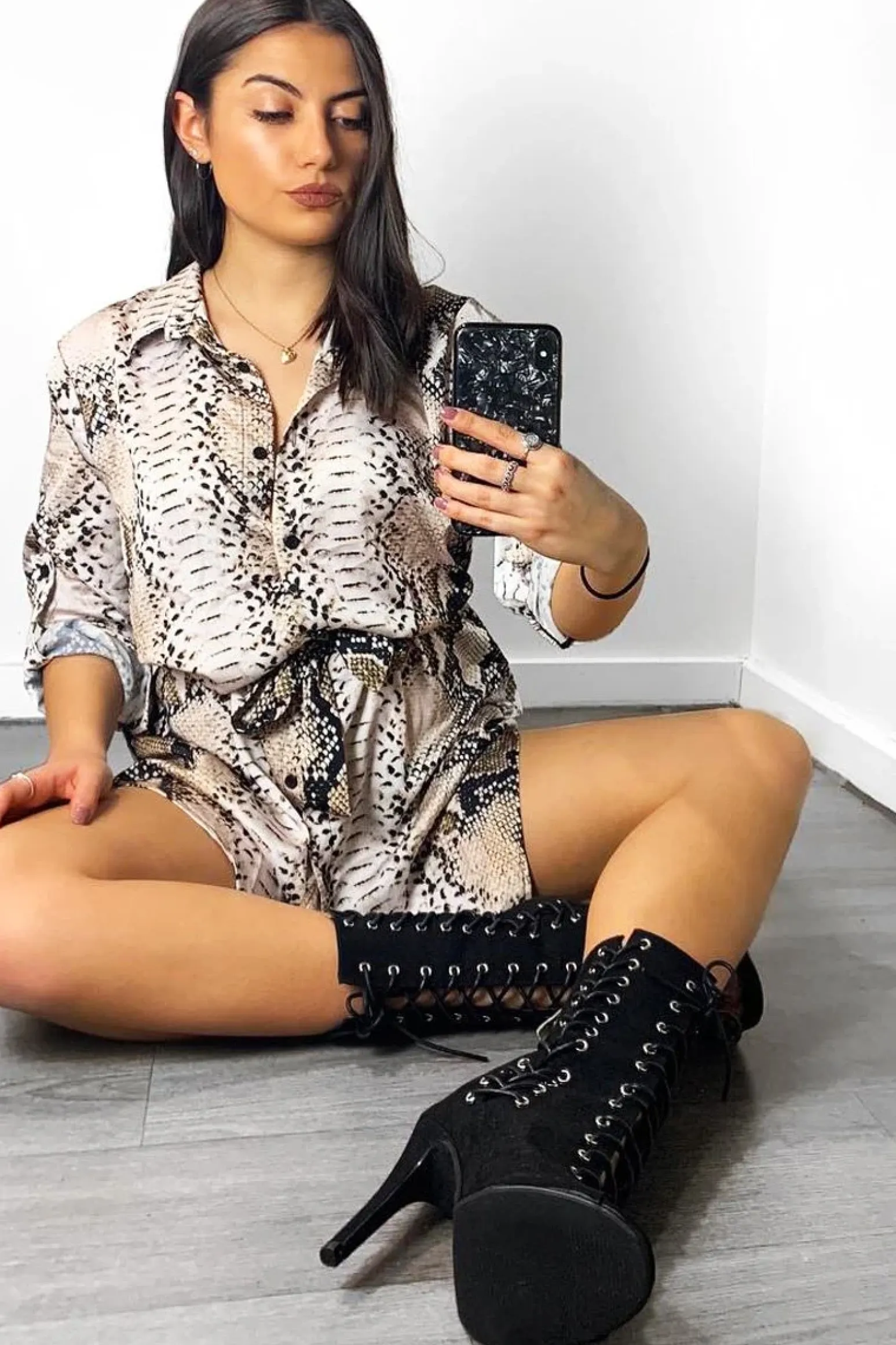 Rebellious Fashion Beige Snake Print Tie Waist Shirt Dress - Yalina