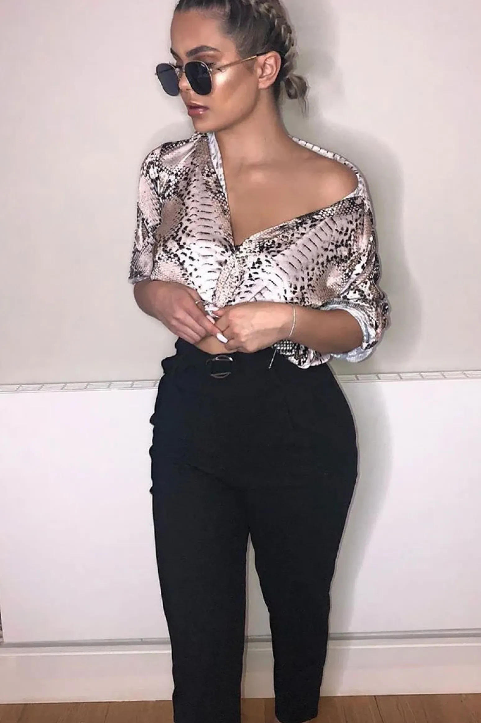 Rebellious Fashion Beige Snake Print Tie Waist Shirt Dress - Yalina