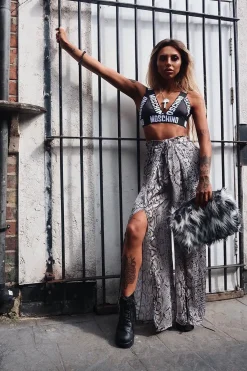 Rebellious Fashion Beige Snake Print Wide Leg Belted Trousers - Brooklinn