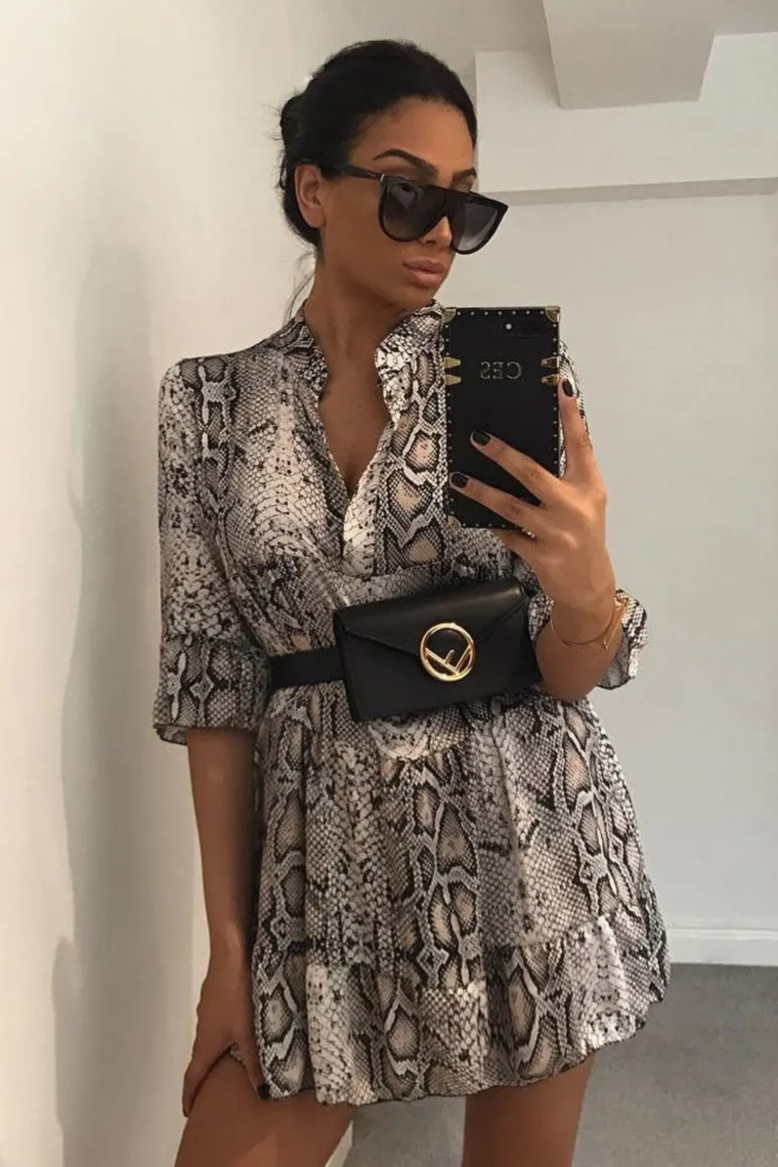Rebellious Fashion Beige Snake Satin Flute Sleeve Shift Dress - Khloey