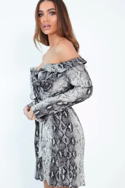 Rebellious Fashion Beige Snake Satin Plunge Tie Waist Shirt Dress - Coletta