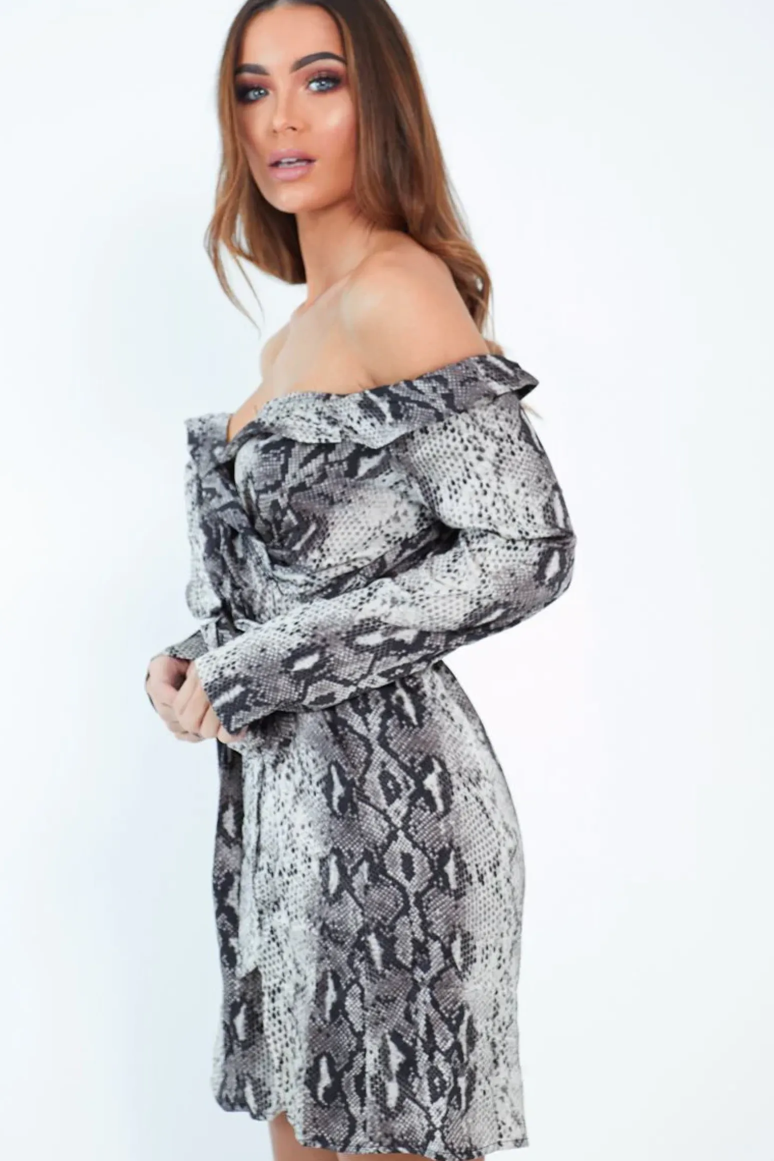 Rebellious Fashion Beige Snake Satin Plunge Tie Waist Shirt Dress - Coletta