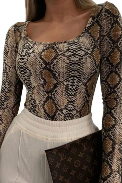 Rebellious Fashion Beige Snake Scoop Neck Long Sleeve Bodysuit - Melody