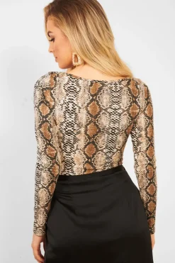 Rebellious Fashion Beige Snake Scoop Neck Long Sleeve Bodysuit - Melody