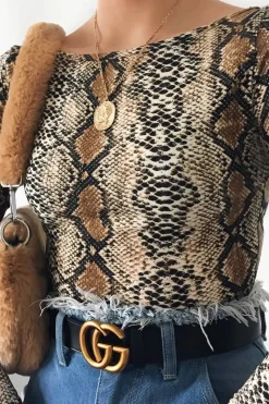 Rebellious Fashion Beige Snake Scoop Neck Long Sleeve Bodysuit - Melody