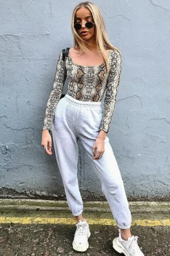 Rebellious Fashion Beige Snake Scoop Neck Long Sleeve Bodysuit - Melody