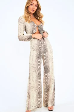 Rebellious Fashion Beige Snake Wide Leg Trousers - Finley