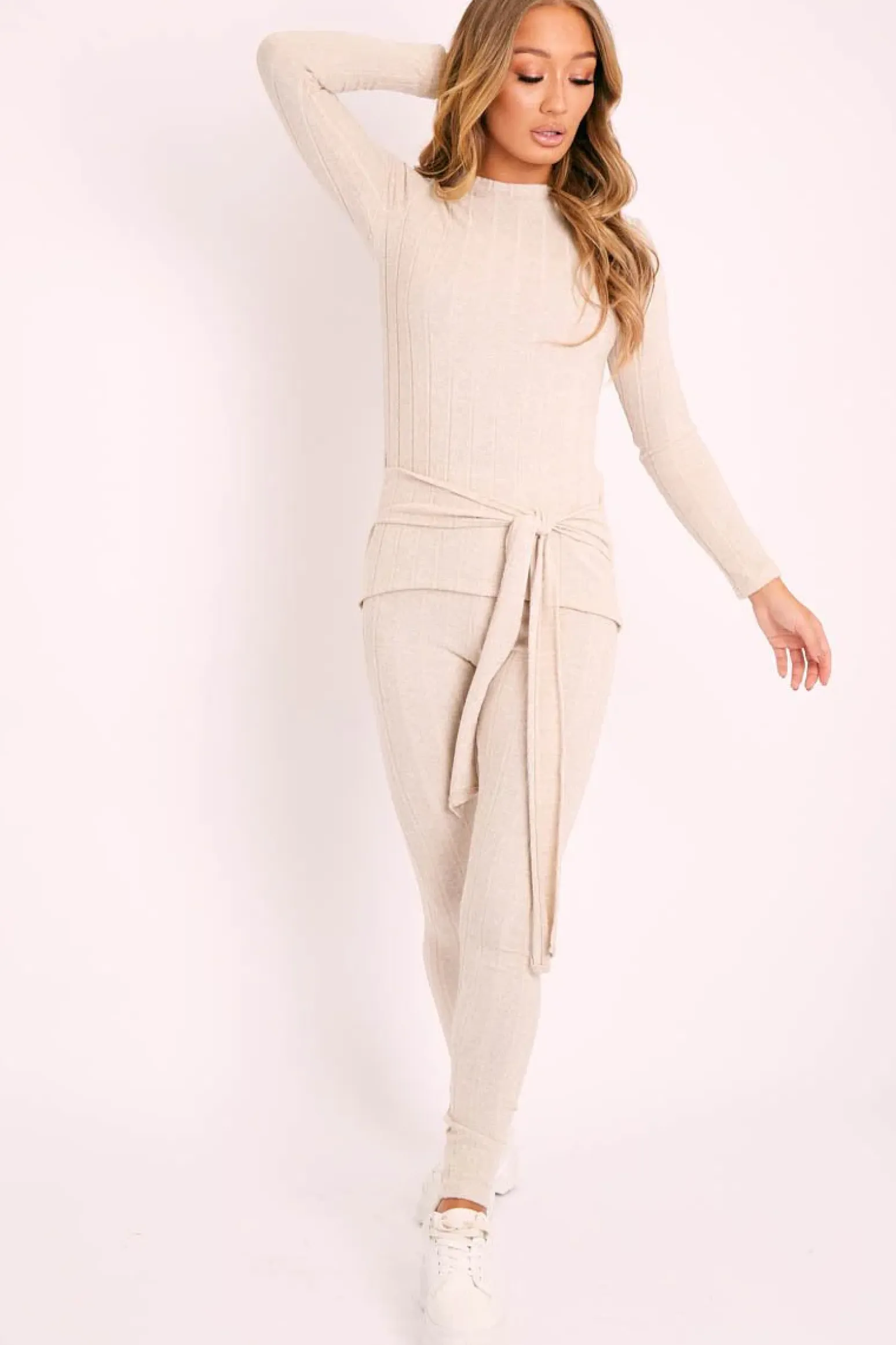 Rebellious Fashion Beige Soft Touch Belted Loungewear Set - Haizley