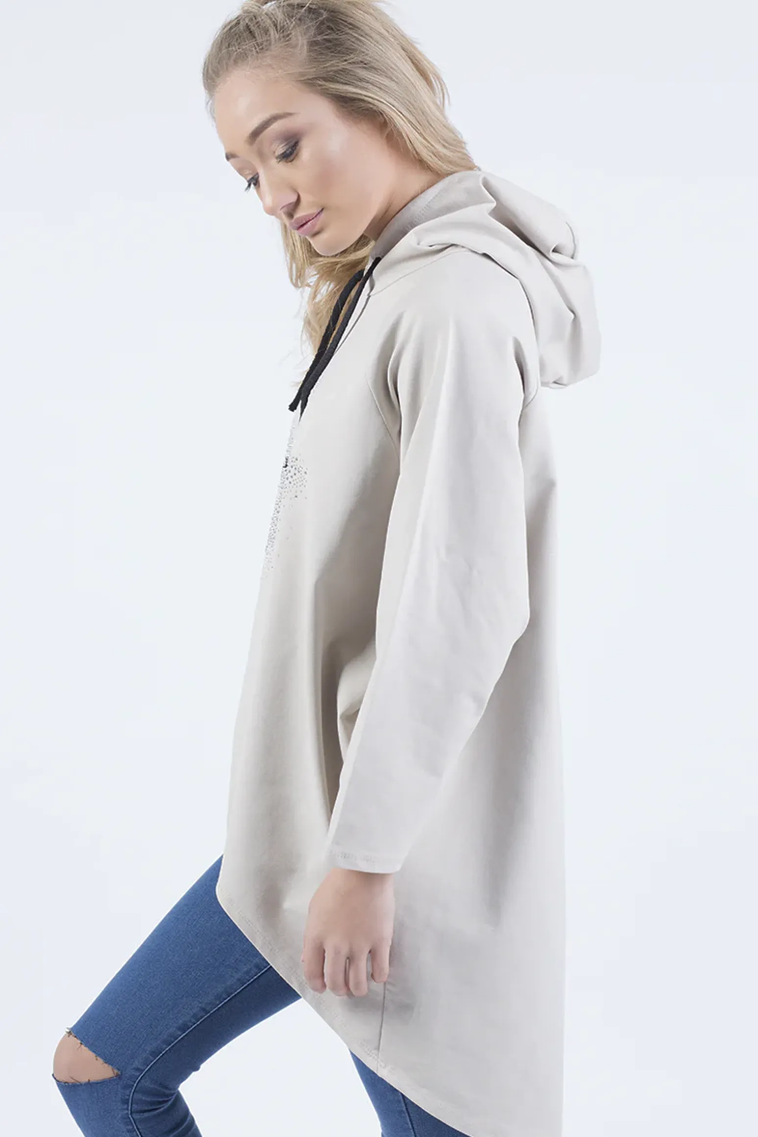 Rebellious Fashion Beige Star Diamante Oversized Hoodie - Sarah