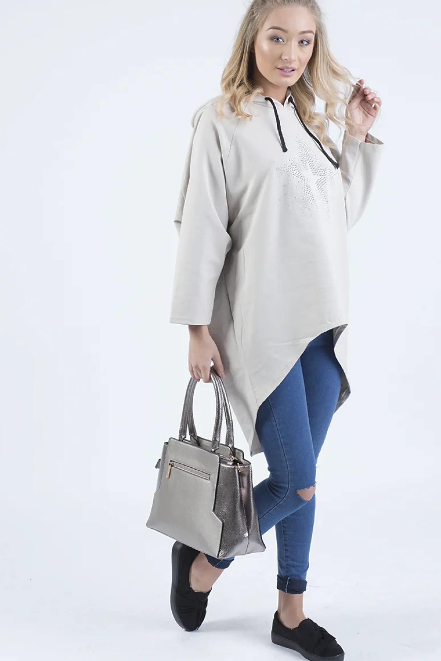 Rebellious Fashion Beige Star Diamante Oversized Hoodie - Sarah