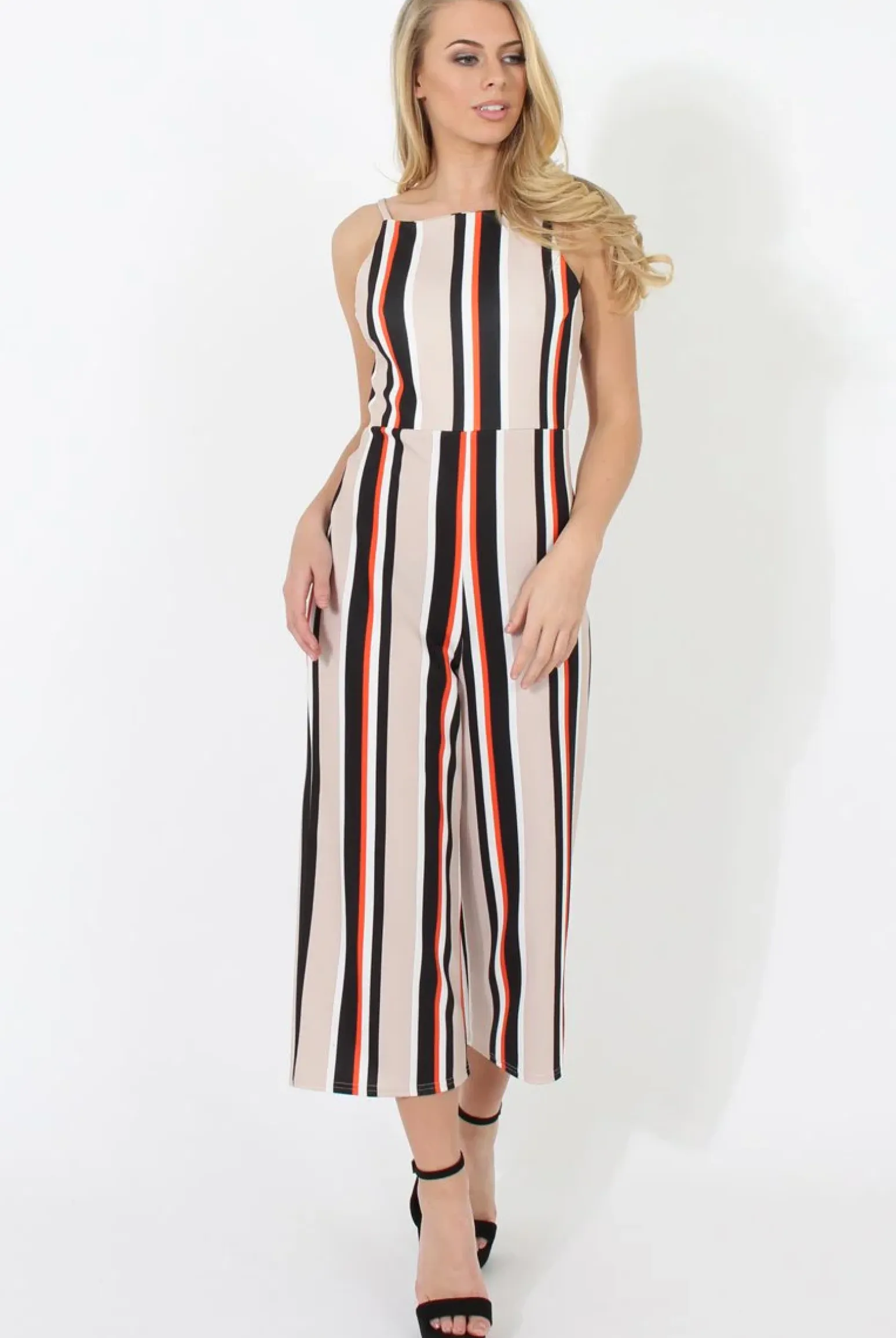 Rebellious Fashion Beige Striped Culotte Jumpsuit - Beatrix