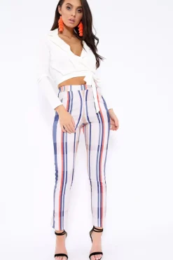 Rebellious Fashion Beige Striped Tapered Trousers - Jasmyn
