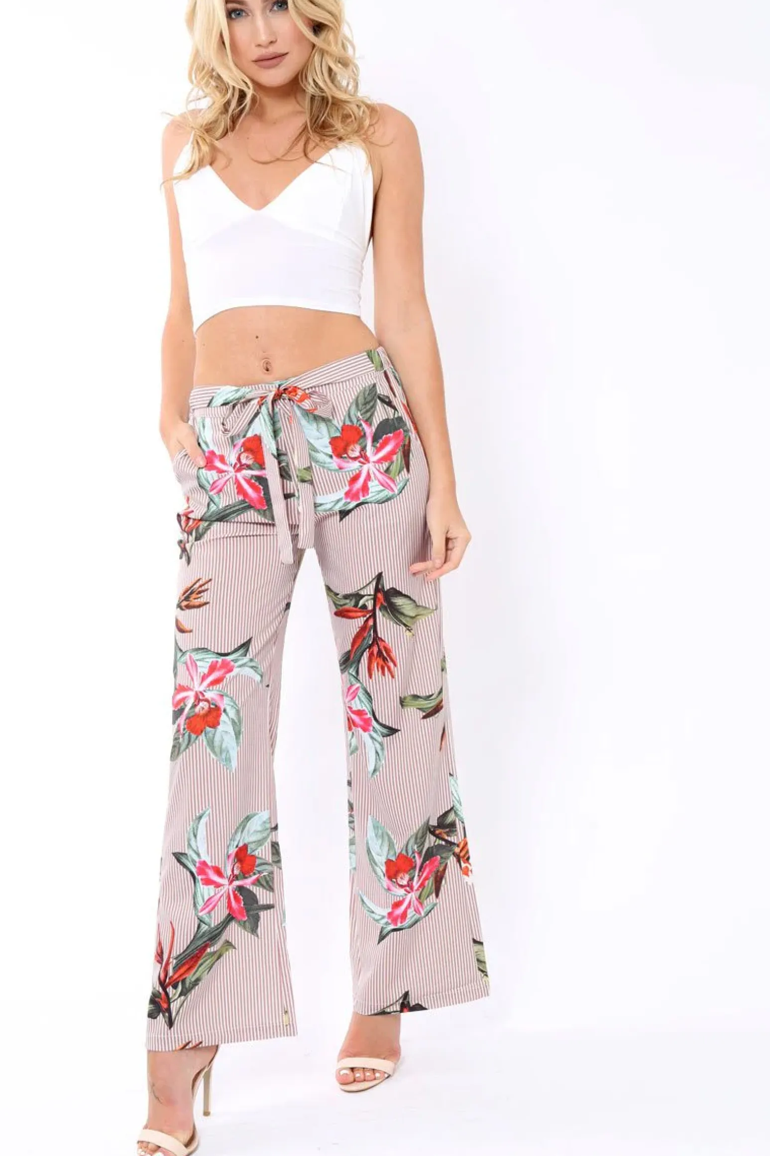 Rebellious Fashion Beige Stripe trousers with floral print - Venice