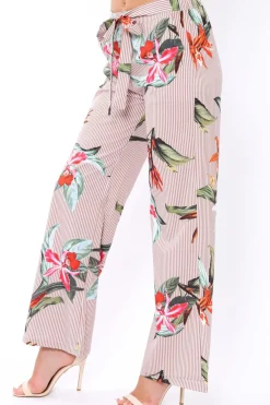 Rebellious Fashion Beige Stripe trousers with floral print - Venice