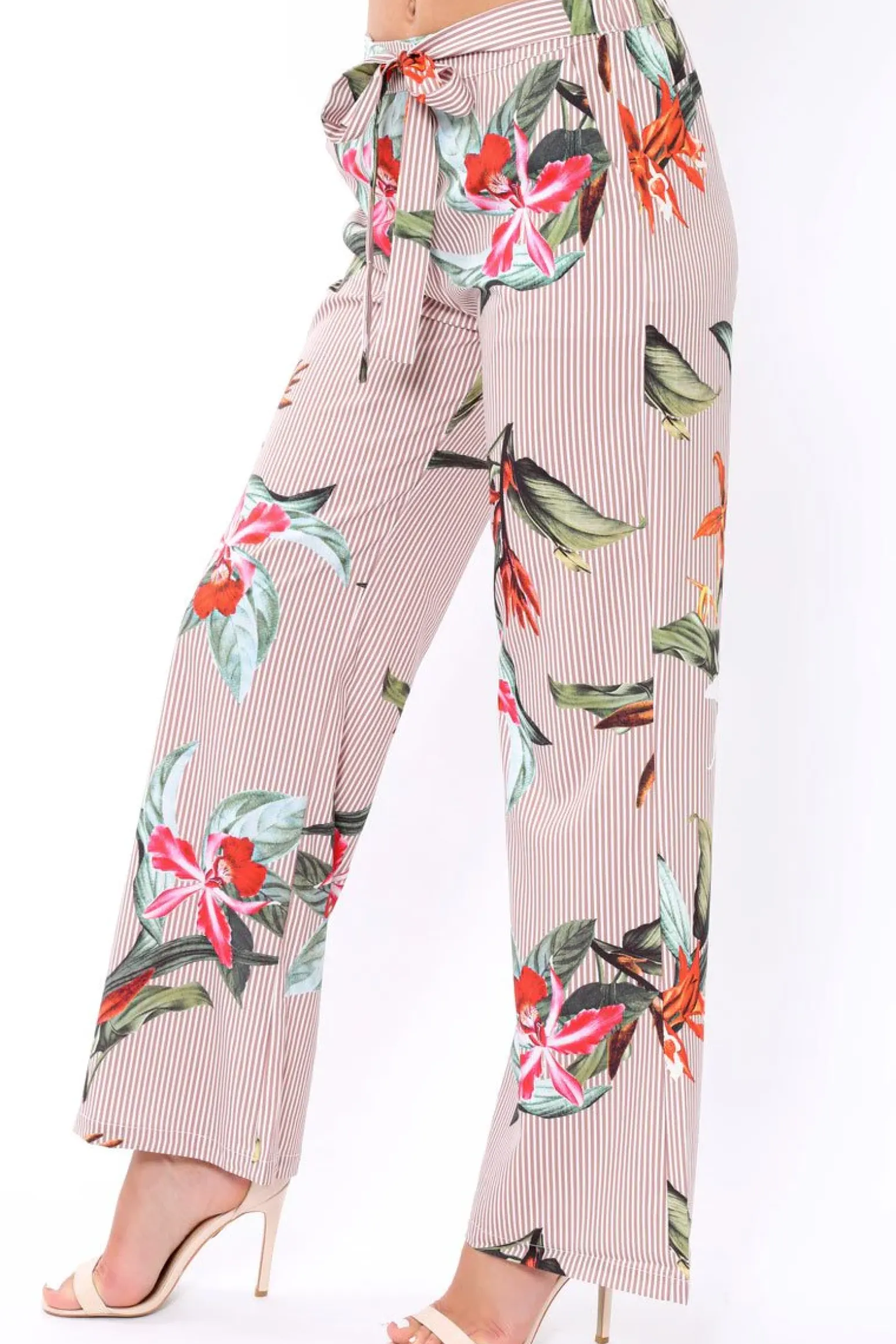 Rebellious Fashion Beige Stripe trousers with floral print - Venice