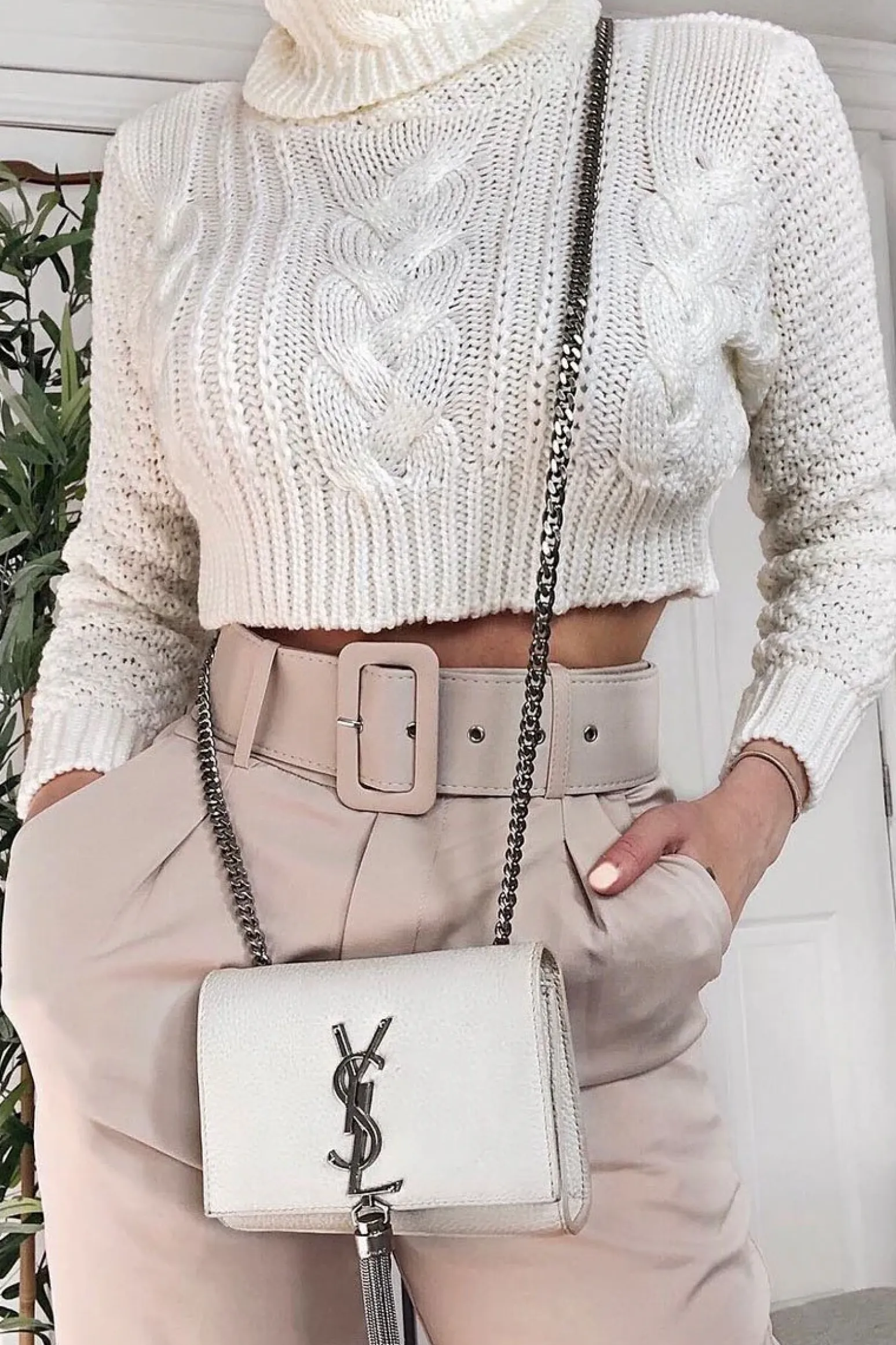 Rebellious Fashion Beige Tailored Wide Leg Belted Trousers - Chenelle