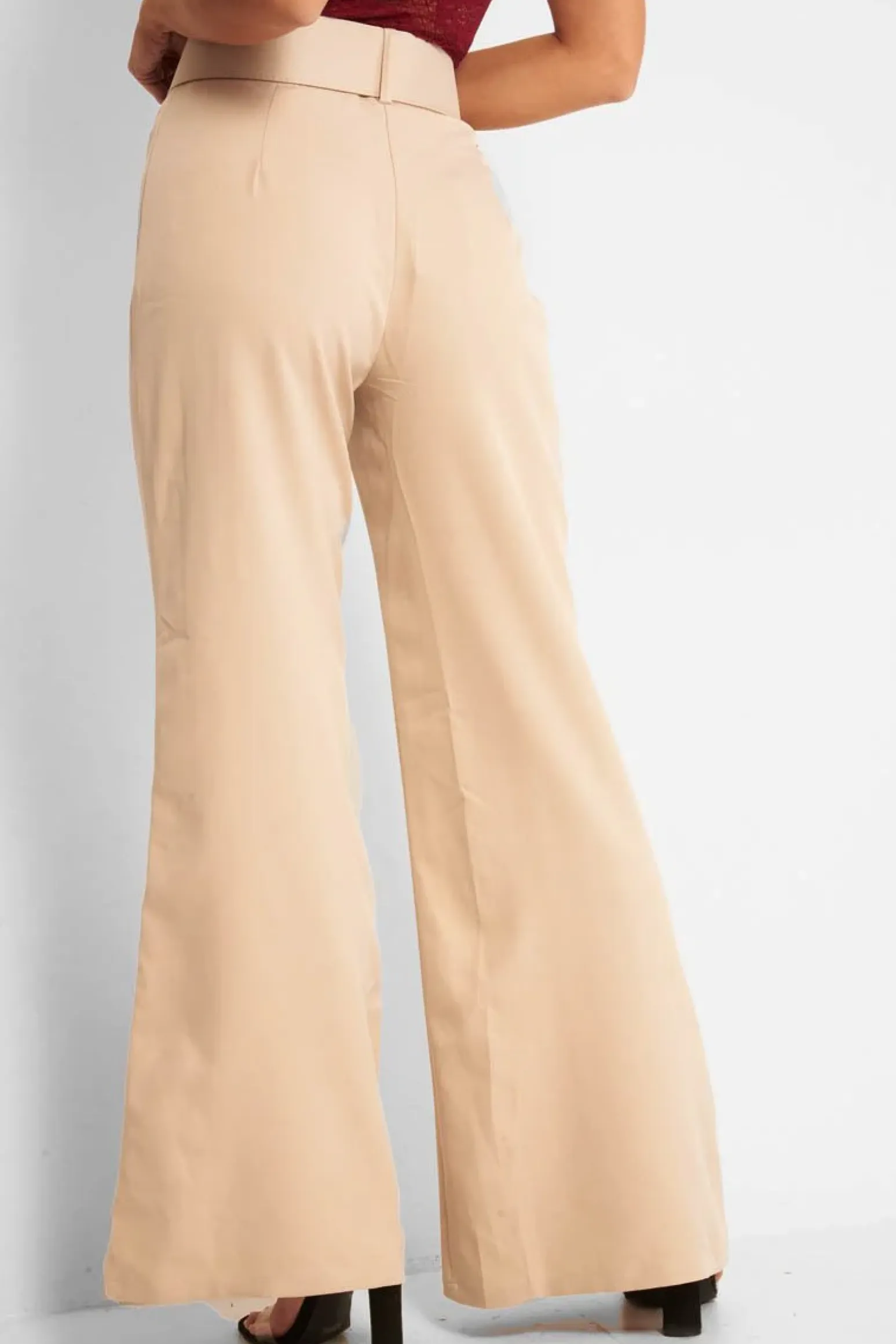 Rebellious Fashion Beige Tailored Wide Leg Belted Trousers - Chenelle
