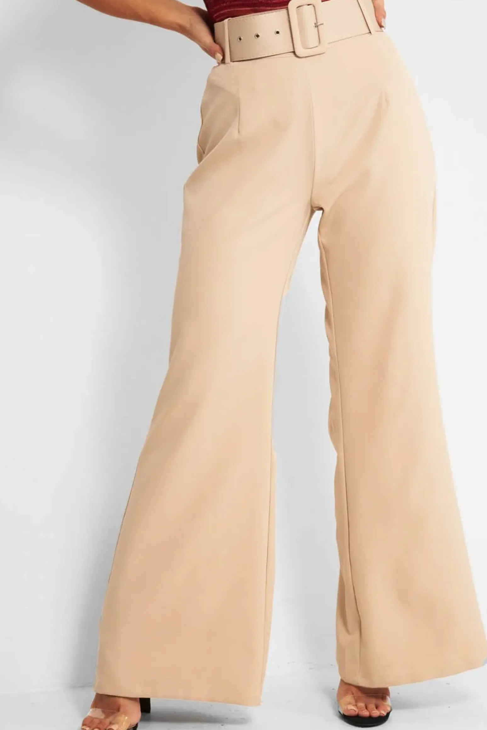 Rebellious Fashion Beige Tailored Wide Leg Belted Trousers - Chenelle