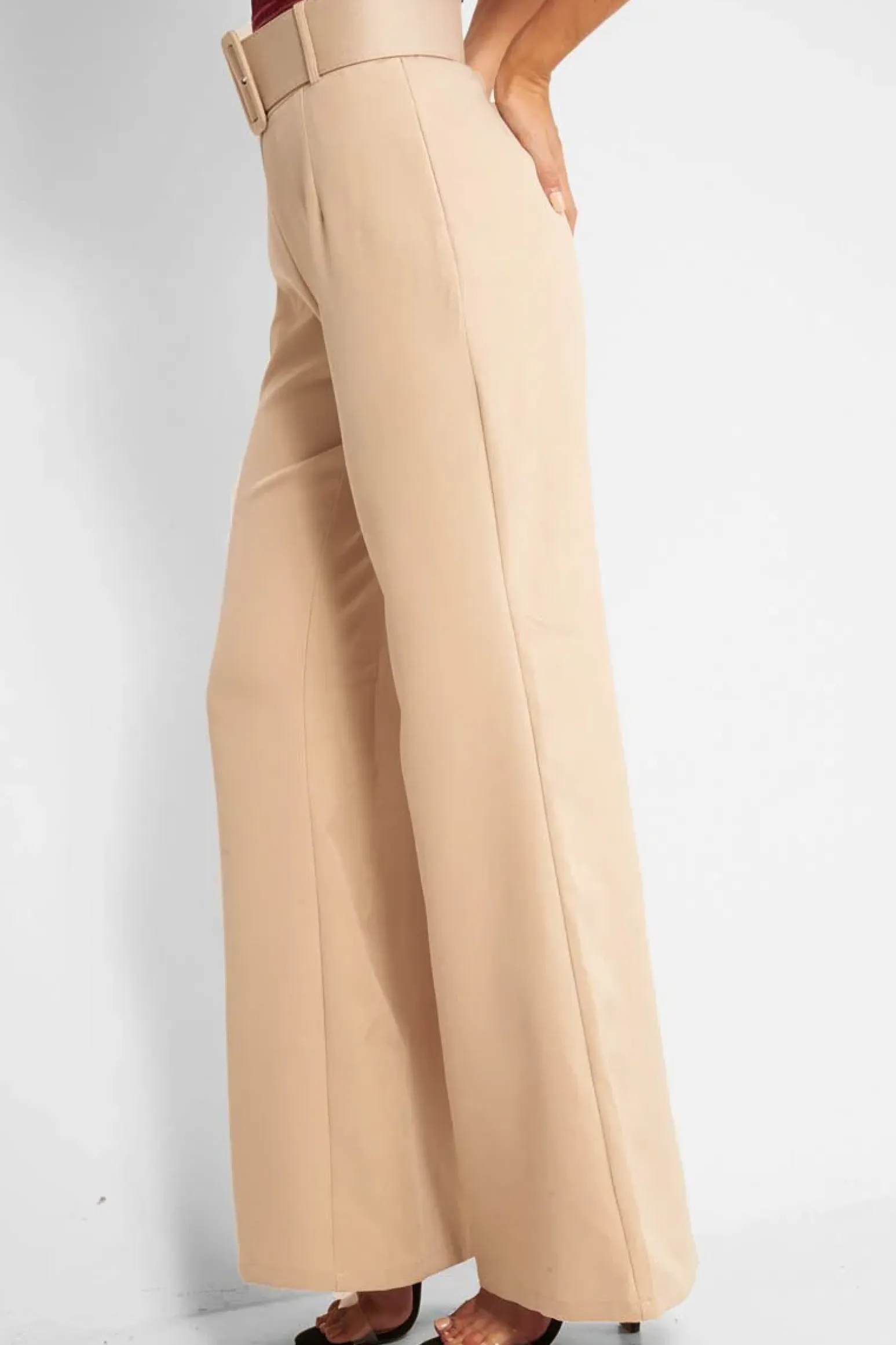 Rebellious Fashion Beige Tailored Wide Leg Belted Trousers - Chenelle