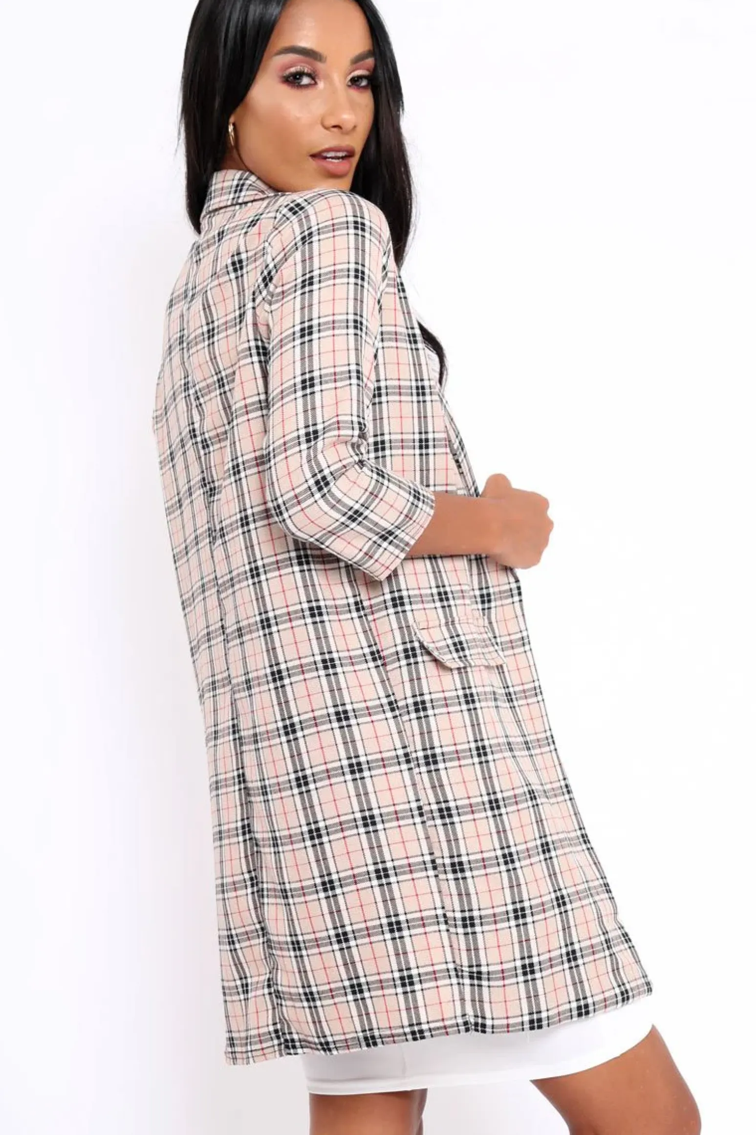 Rebellious Fashion Beige Tartan Long Blazer - Kerrie