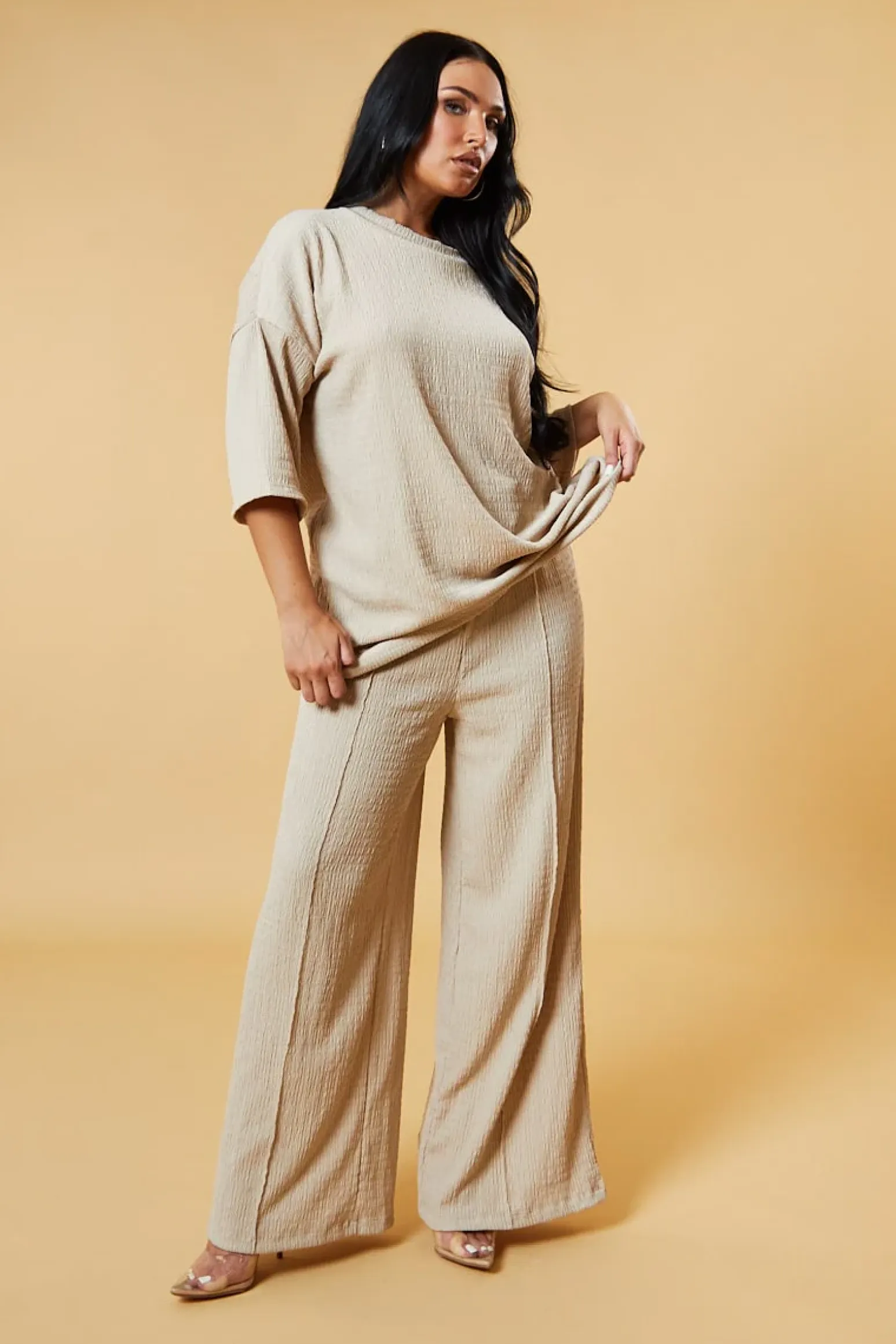 Rebellious Fashion Beige Textured Knit Trousers & Oversized Top Co-ord Set - Cecelia