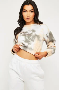 Rebellious Fashion Beige Tie Dye Gathered Waist Sweatshirt - Amirra