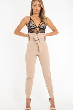 Rebellious Fashion Beige Tie Front Crepe Cigarette Trousers - Ryanne