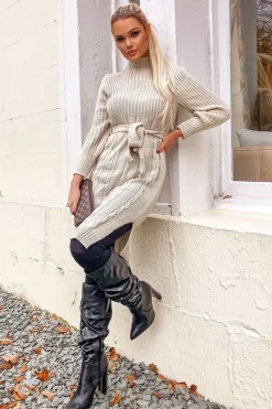 Rebellious Fashion Beige Tie Waist High Neck Midi Jumper Dress - Ennie