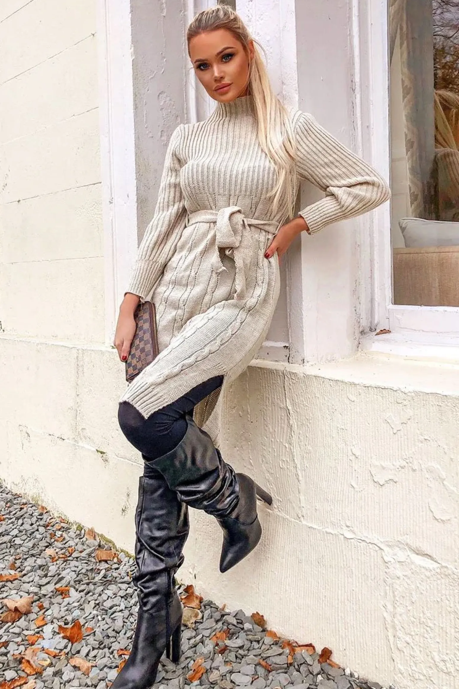 Rebellious Fashion Beige Tie Waist High Neck Midi Jumper Dress - Ennie