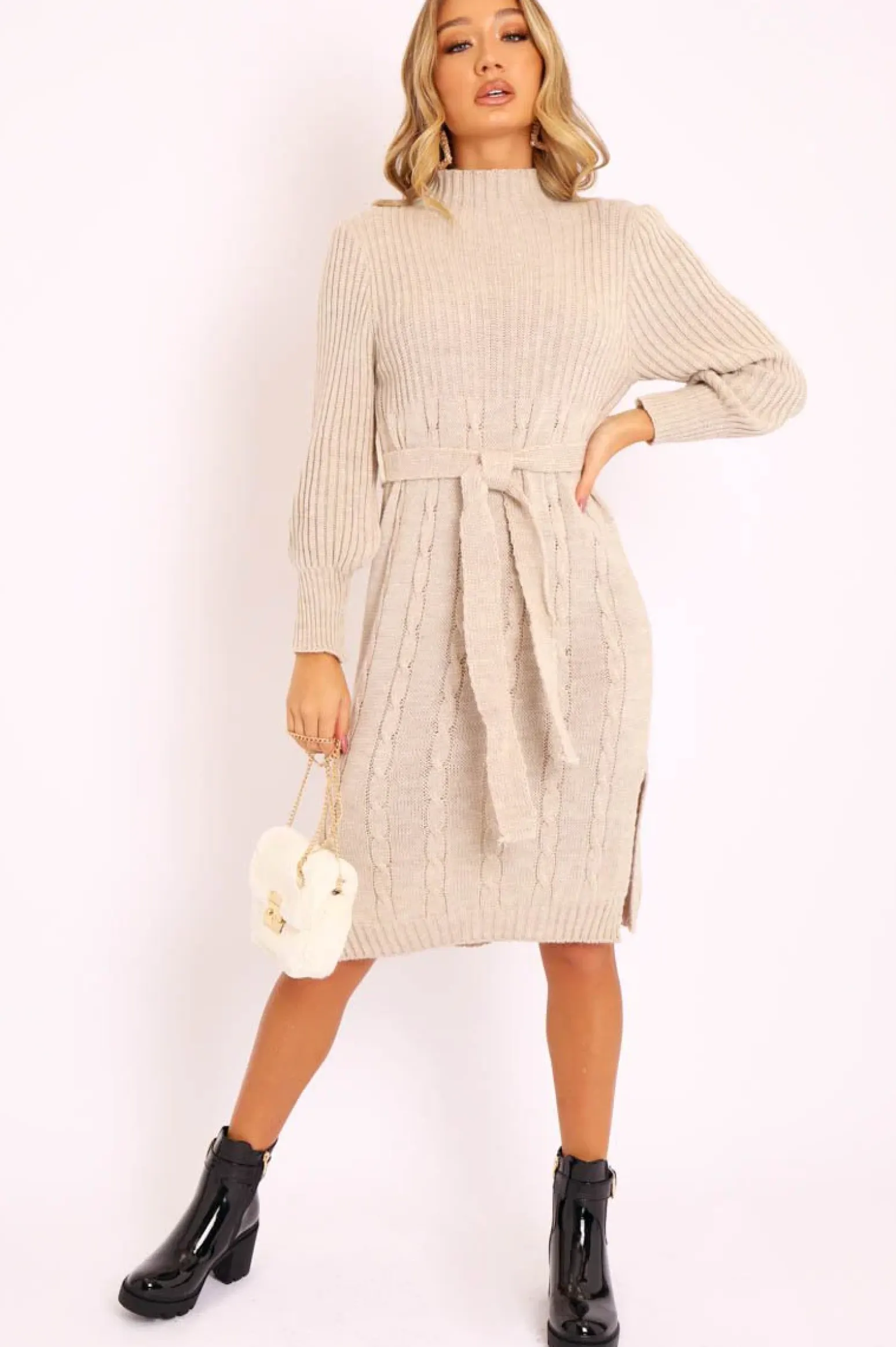 Rebellious Fashion Beige Tie Waist High Neck Midi Jumper Dress - Ennie