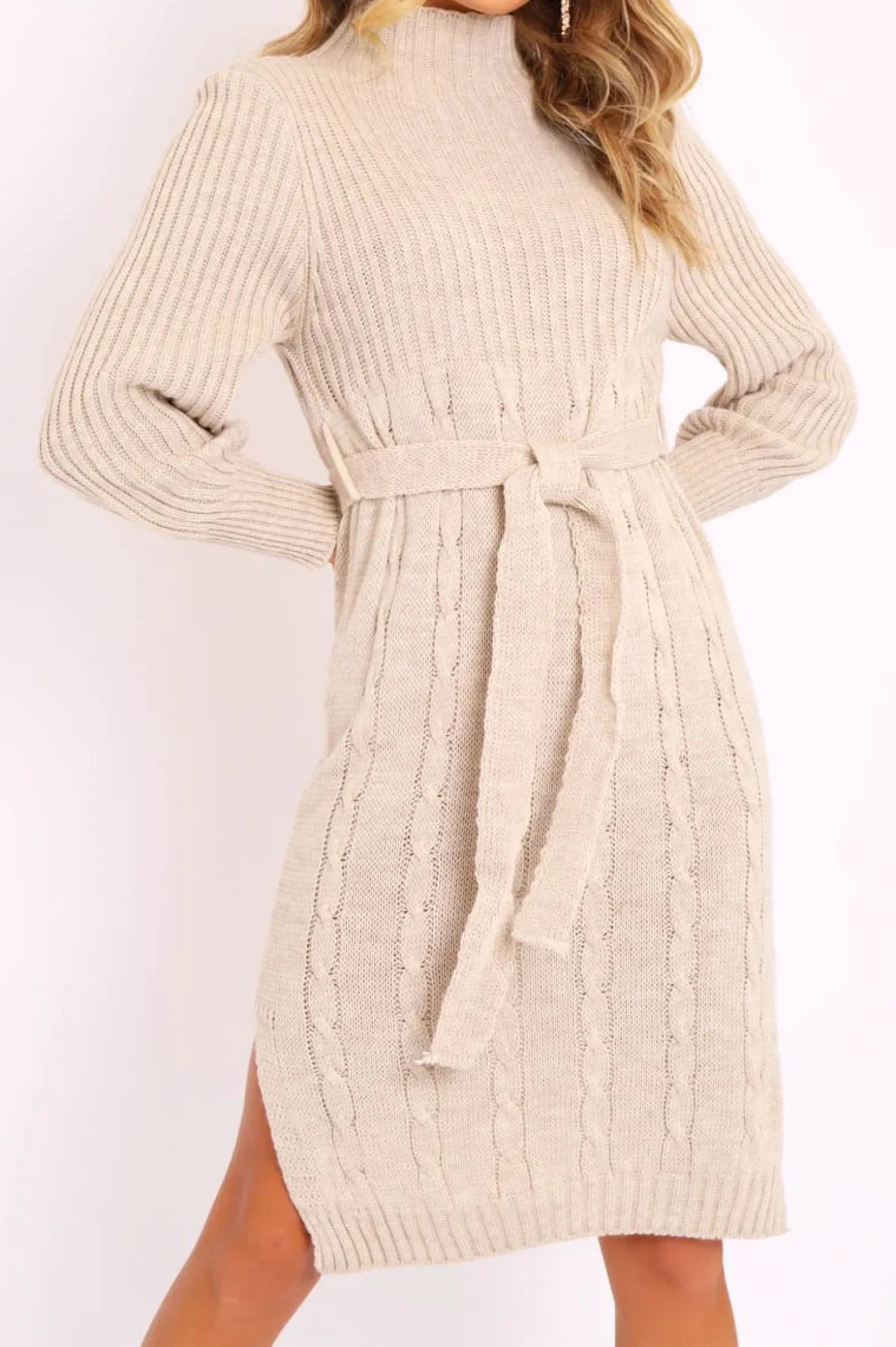 Rebellious Fashion Beige Tie Waist High Neck Midi Jumper Dress - Ennie